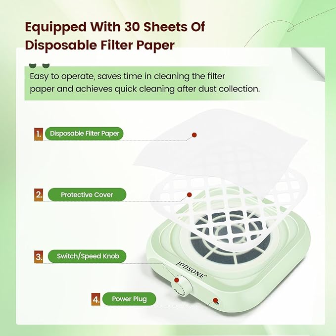 JODSONE Mini Nail Dust Collector PocketSized 6000RPM Powerful Suction Portable Nail Salon with 30 Filters Green