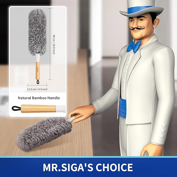 MR.SIGA Lint Free Microfiber Duster, Washable and Reusable Duster with Bamboo Handle and Replaceable Head, Duster for Household Cleaning