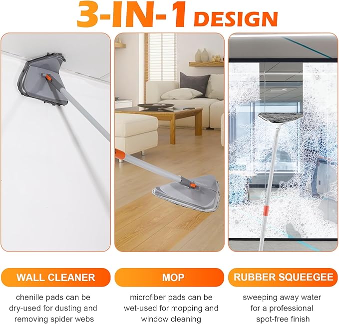Wall Cleaner Triangle Mop with 82'' Long Handle - Wall Scrubber, Cleaning Washer Tool with 4 Microfiber Chenille Duster Pads for Clean Walls, Ceiling, Windows, Baseboards, Floors (Gray, 4 Pads)