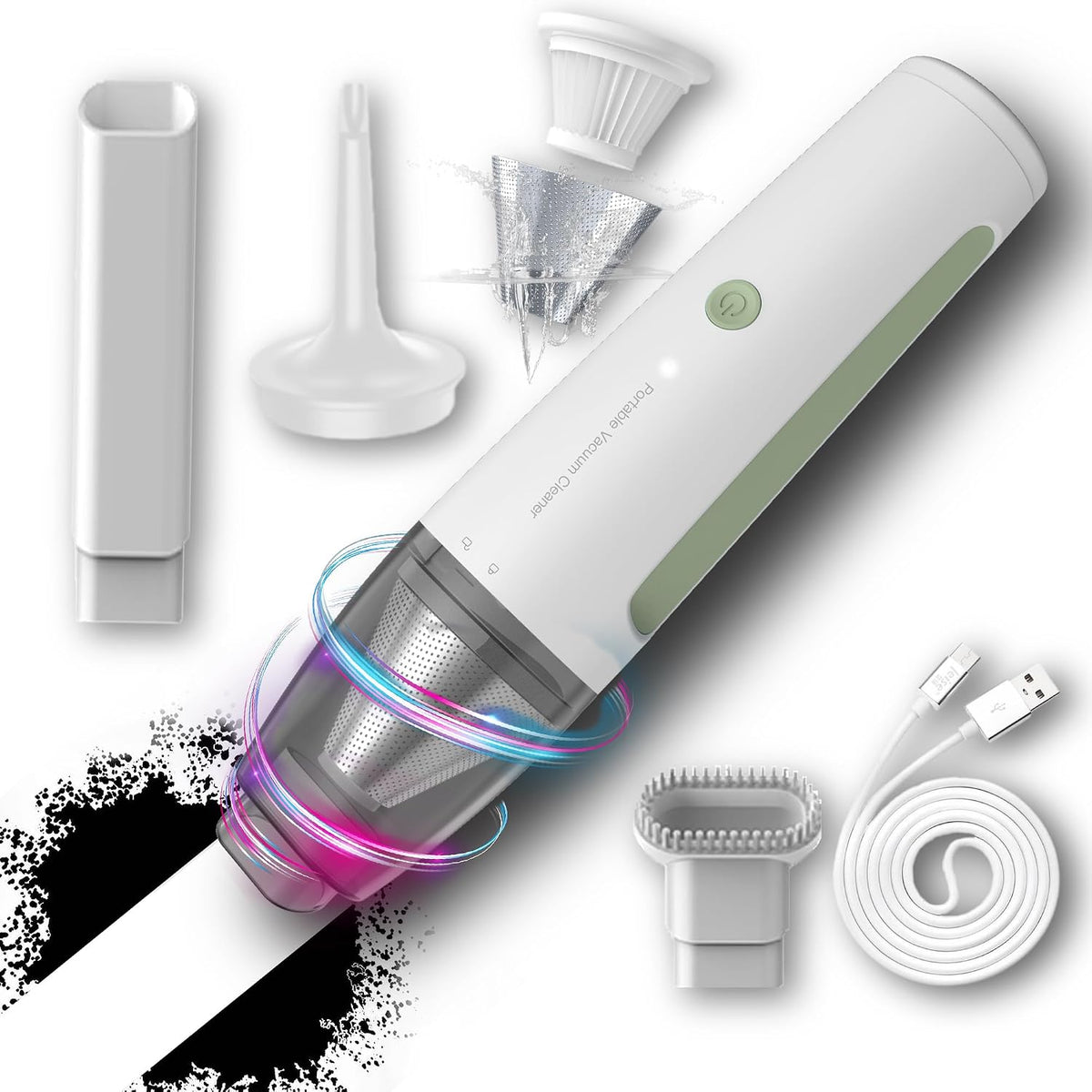 PATO Wireless Handheld Vacuum Cleaner, Mini Car-Mounted Vacuum Cleaner, Powerful Suction, 1800mAh Large-Capacity Battery, Portable Dust Collector, White