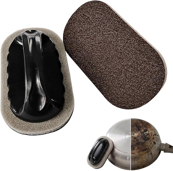 Magic Emery Cleaning Sponge, 2026 Upgrade Nano Carborundum Sponge for Stainless Steel, Rust Eraser Pot Scrubber Scouring Pads for Kitchen Pans Burnt-On Stain Removal (2, Sponge with Handle)