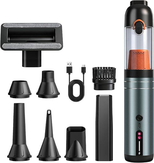 7-in-1 Aluminum Alloy Wireless Car Vacuum Cleaner, 20kPa Strong Suction Handheld Vacuum, Portable with Smart Digital Display, 2 Suction Modes for Car, Desk, Keyboard and Small Spaces（Cyan）