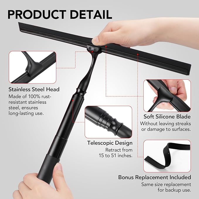 Shower Squeegee for Glass Doors, 15-51" Telescopic Shower Squeegee with Long Handle, Squeegee for Window Cleaning, Extendable Window Cleaner Tool for Tile Walls, Sliding Door, Floor, Car Windshield-BK