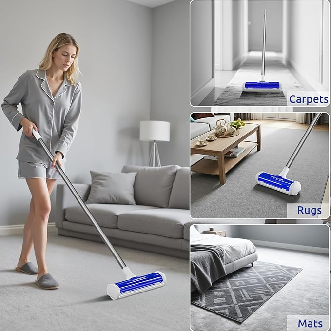 ACE2ACE A3 Pro Carpet Roller for Pet Hair, Carpet Pet Hair Removal Tool, Reusable Large Lint Rollers, 5 Feet Long Handle No Bending No Kneeling, Cat Dog Hair Remover for Carpet, Rugs, Mats, Blue