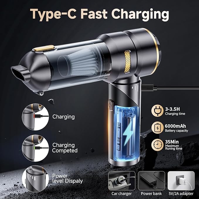Car Vacuum Portable Cordless 22000PA High Power Handheld Mini Vacuum Cleaner Rechargeable Foldable with Brushless Motor Air Blower Duster Pump for Car Home Office Pet (Gray)