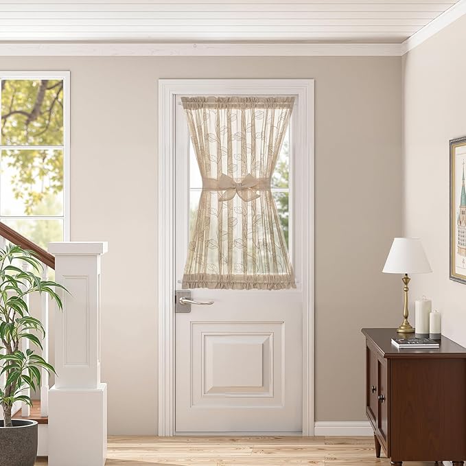 jinchan French Door Curtain Privacy Rustic Leaf Embroidered Semi Sheer Voile Front Curtain for Window Doorway Closet, Door Panel with Tieback Rod Pocket 1 Panel 55W x 40L Inch Beige