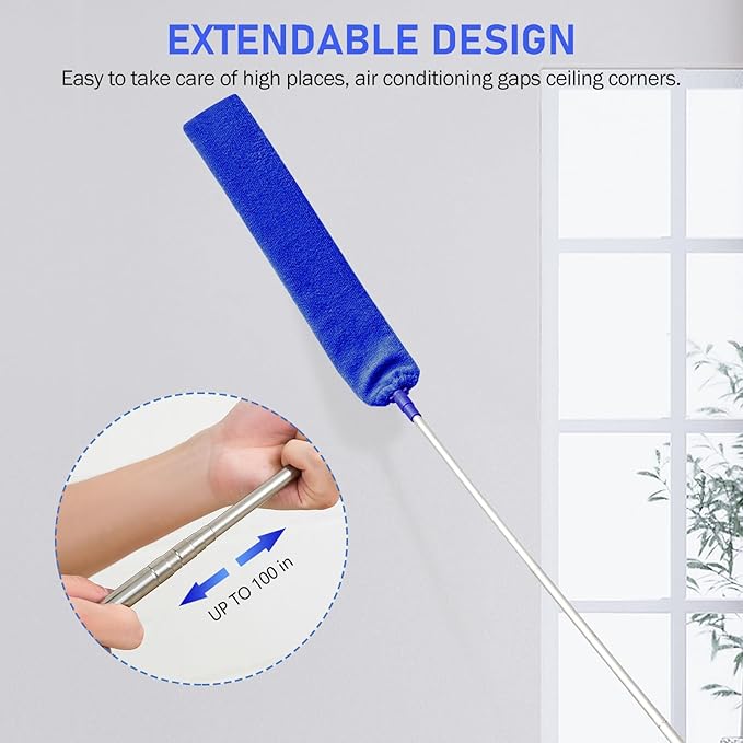 SetSail Dusters for Cleaning 100-inch Extra-Long Gap Duster with Extension Pole Bendable Microfiber Head Washable Ceiling Fan Cleaner Duster Kit for High Ceilings, Blue