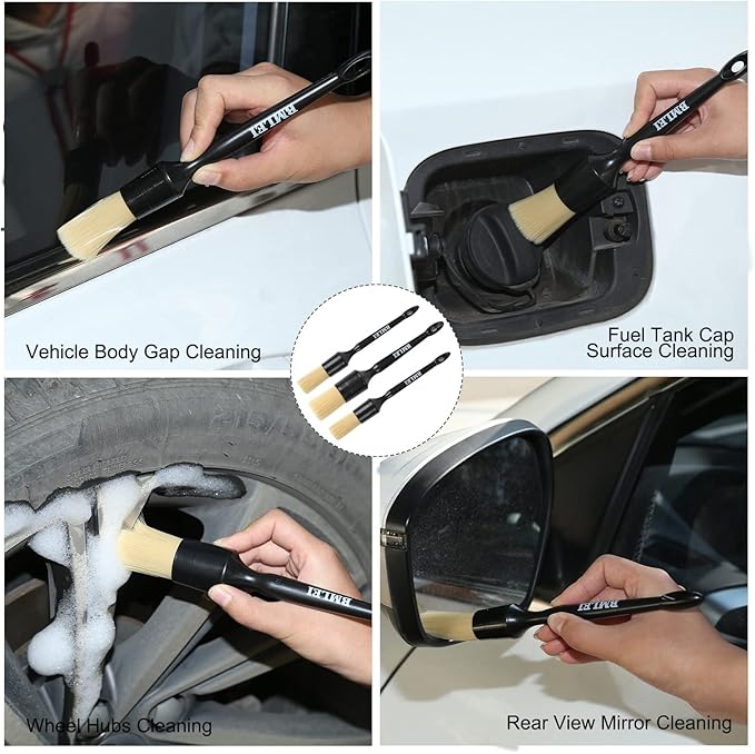 BMLEI 5pcs Car Detailing Brushes Set, Boars Hair Auto Car Detail Brush Kit No Scratch, Ultra Soft Car Duster Brushes Perfect for Interior, Exterior Cleaning, Wheels,Tires,Leather Seats…