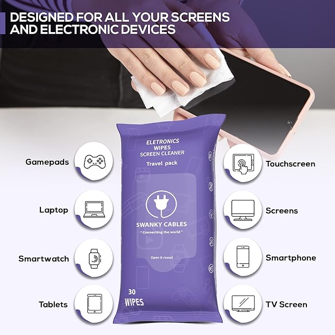 Swanky Cables Screen Cleaner Wipes: Electronic Wipes for Screens - Computer Screen Wipes for Lens, Phone, Tv Screen and Monitor Cleaning - Tech Wipes & Microfiber Cloth (Soft Wipes, 60 Count)