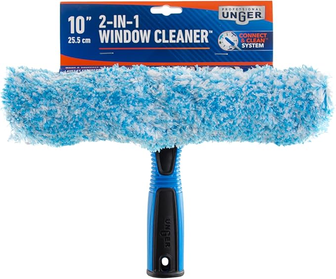 Unger Professional Connect and Clean 2-in-1 Squeegee and Scrubber, 10” Window Cleaning Tool, Commercial and Residential Use, Washer Cleaner Supplies to Remove Excess Water and Dry