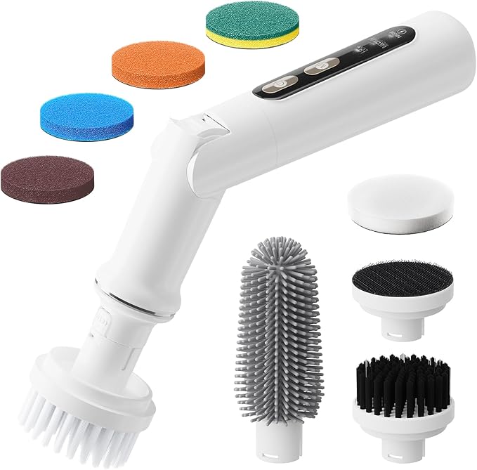 UNIWA Electric Spin Scrubber - Cordless Shower Scrubber with 4 Replaceable Heads,3 Speeds Electric Scrubber for Cleaning Bathroom,Kitchen,Dish