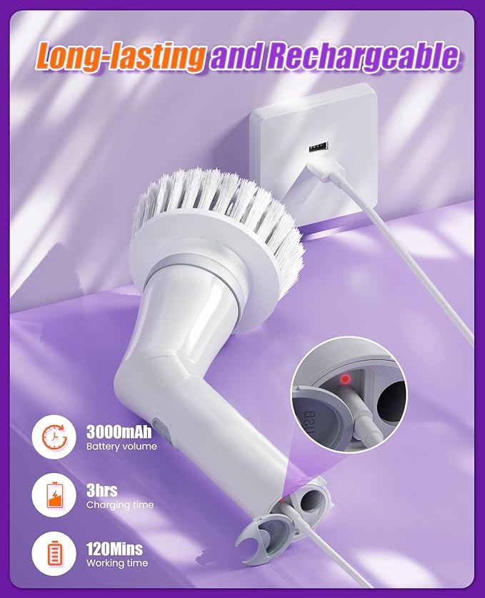 NBONEBS Electric Spin Scrubber, Cordless Shower Scrubber Rotary Floor Brushes & Pad Drivers with 6 Brush Heads - 2H Dual Speed, IPX7 Waterproof Extension Handle for Bathroom Tile Car Cleaning