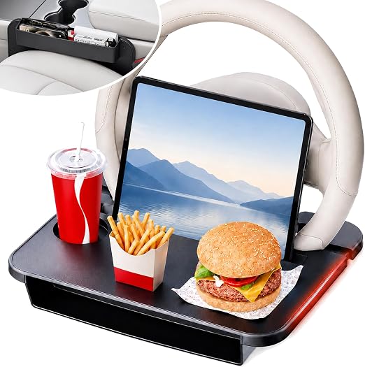 2-in-1 Steering Wheel Tray and Car Seat Gap Organizer for Drivers, Adjustable Food Tray and Laptop Desk Table for Eating