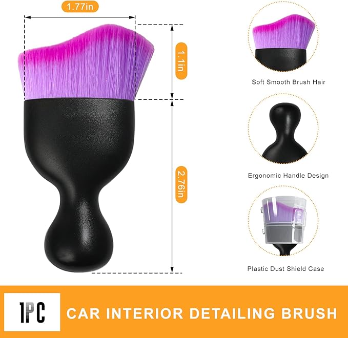 Car Interior Detailing Brush, Curved Car Interior Cleaning Brush with Ultra Soft Bristles & Dust Cover, Scratch-Free Auto Dusting Brushes for Dashboard AC Vent Leather (Purple)