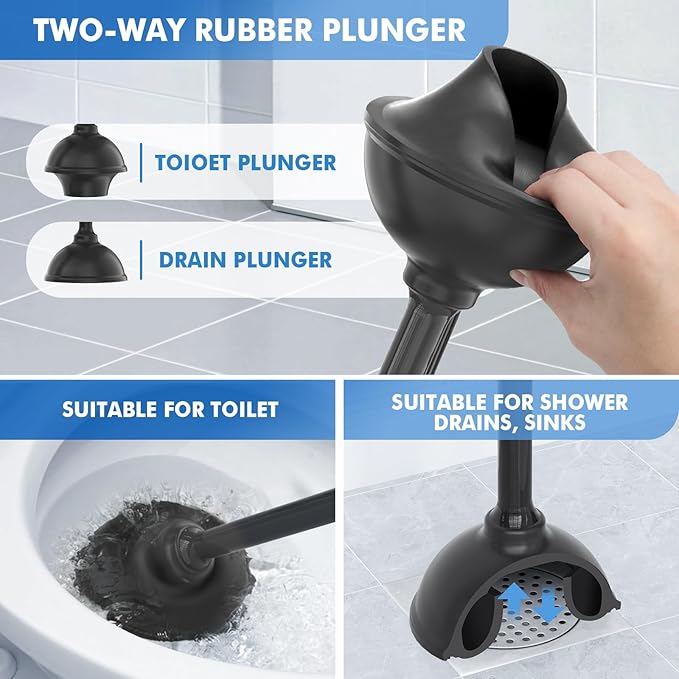 LOVLOY Toilet Plunger and Brush with Holder, Bowl Brush and Heavy Duty Toilet Plunger Set with Ventilated Holder, 2-in-1 Toilet Brush and Plunger Combo for 5.3-inch Toilet Drain New Pack (Black, 1)