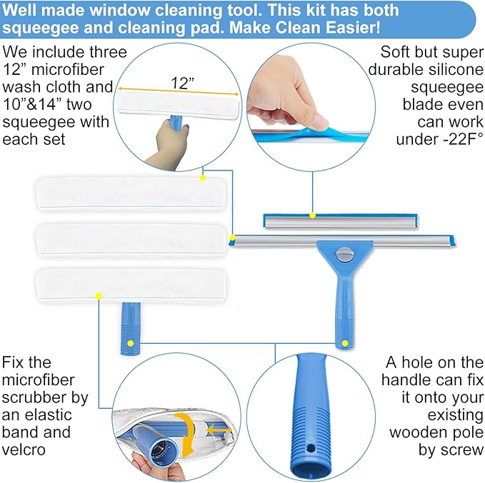 AMERWASH PLUS Window Squeegee Washing Kit for Shower Glass Door, Mirror and Window Cleaning, Extra 14'' Wide Squeegee and 2 Microfiber Scrubbers Included (Extension Pole not Included)