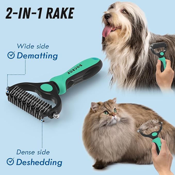 Docrok Pet Grooming Brush and Metal Comb Combo, Cat Brush Dog Brush for Shedding, Undercoat Rake for Dogs Grooming, Dematting Deshedding Brush Dogs Shedding Tool for Long matted Haired Pets, Green
