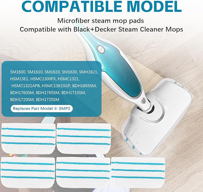 Steam Mop Pads Compatible with Black+Decker Steam Mop SM1600, SM1610, SM1620, HSM13E1, HSMC1300FX, HSMC1321, HSMC1361SG SMP20 - Washable Pads Replacement for Floor Cleaning - 12Pack