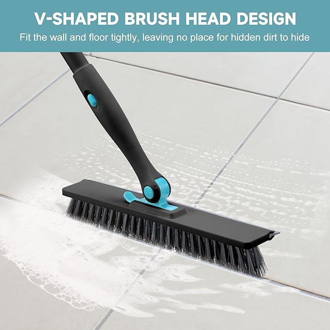 nacena Shower Scrubber with Long Handle, 4 in 1 Tile Tub Scrubber Brush with 3 Detachable Cleaning Heads and V-Shaped Grout Brush Shower Cleaner Brush for Bathroom Kitchen Toilet Tub Sink Wall, Black