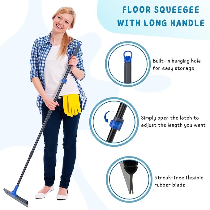 Floor Squeegee with Telescopic Long Handle 59'', Heavy Duty 18" Rubber Wiper Broom for Concrete, Bathroom Tile, Garage, Deck