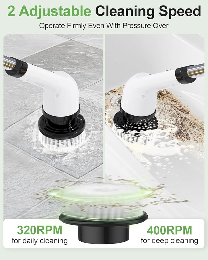Electric Spin Scrubber, Cordless Power Cleaning Brush with 9 Replaceable Heads, Rechargeable Shower Scrubber with Adjustable Handle, IPX7 Waterproof Scrubber for Bathroom Tile Car,White-ra1
