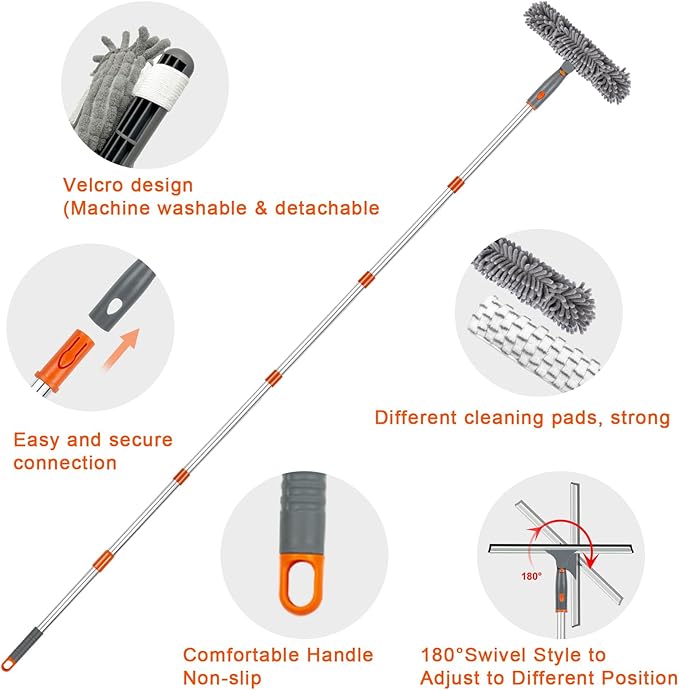 BITOPE Window Cleaner Tool Squeegee for Window Cleaning with 86" Extendable Pole Microfiber & Chenille Pad Squeegy for Exterior High Window Shower Door Glass Car RVs