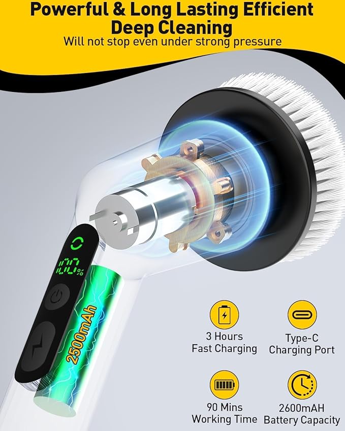 Electric Spin Scrubber,Cordless Shower Cleaning Brush IPX7 Waterproof with 3 Replaceable Brush Heads, Adjustable Extension Handle and Power Dual Speed,Power Scrubber for Bathroom Tub Tile Floor Car 5