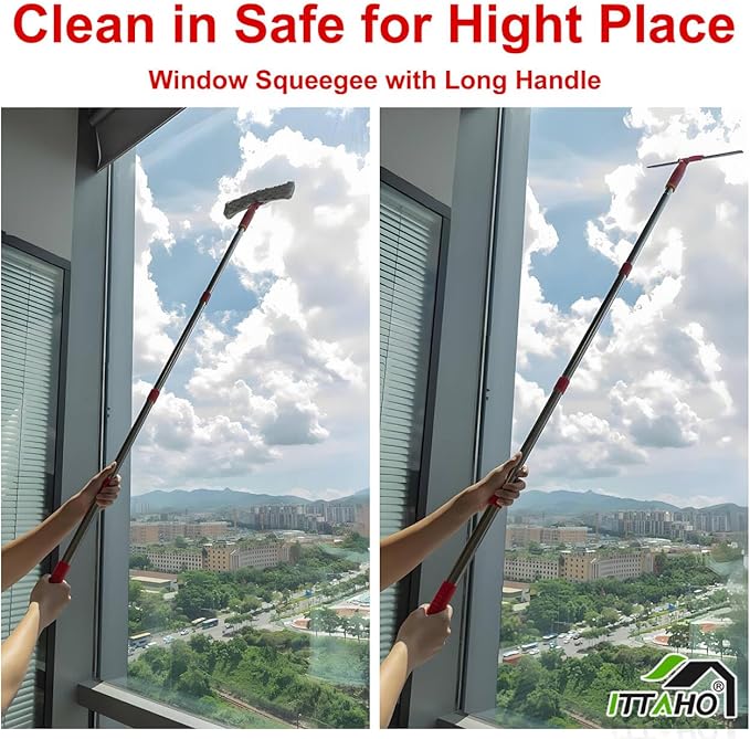 Squeegee for Window Cleaning, 12" Squeegee and 11" Microfiber Scrubber Combi with Stainless Steel Pole, Extendable Window Cleaner for Car, Sliding Door, Shower Glass Door-Swivel Style-2 Pads