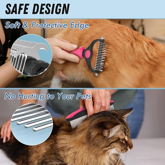 Docrok Pet Grooming Brush & Comb Combo, Cat & Dog Brush for Shedding & Dematting, Undercoat Rake for Long-haired Pets, Pink