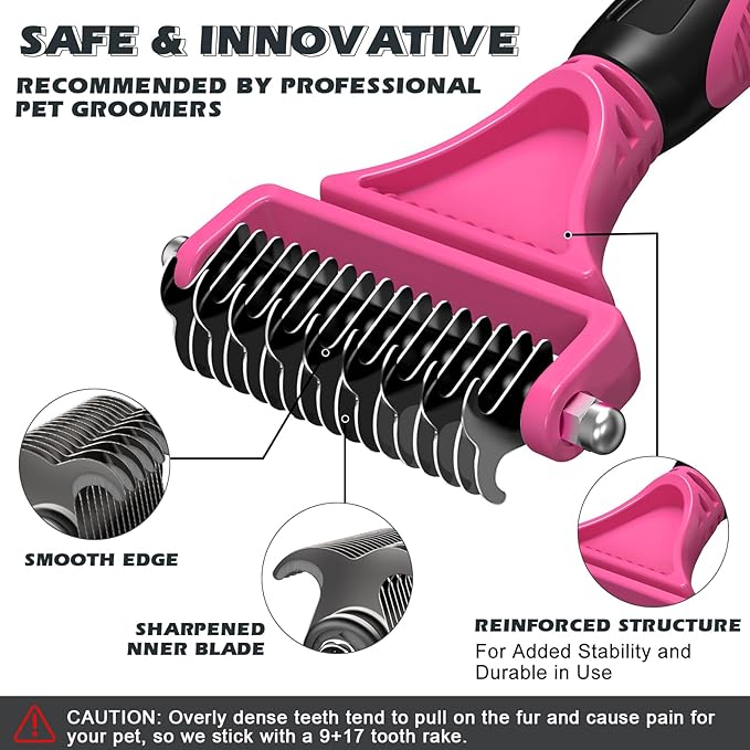 3PCS Pet Grooming Rake & Metal Comb & Flea Comb for Cats and Dogs, Double-Sided Dematting Tool, Extra-Wide Deshedding Dog Brush for Long Hair to Effectively Remove Tangles, Knots and Mats (Pink)