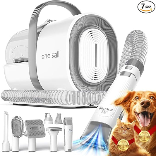 oneisall Dog Grooming Vacuum, Pet Grooming Vacuum with Clipper Nail Grinder, 1.5L Dust Cup Dog deshedding Vacuum Brush with 7 Tools for Shedding Pet Hair, Home Cleaning (Grey)