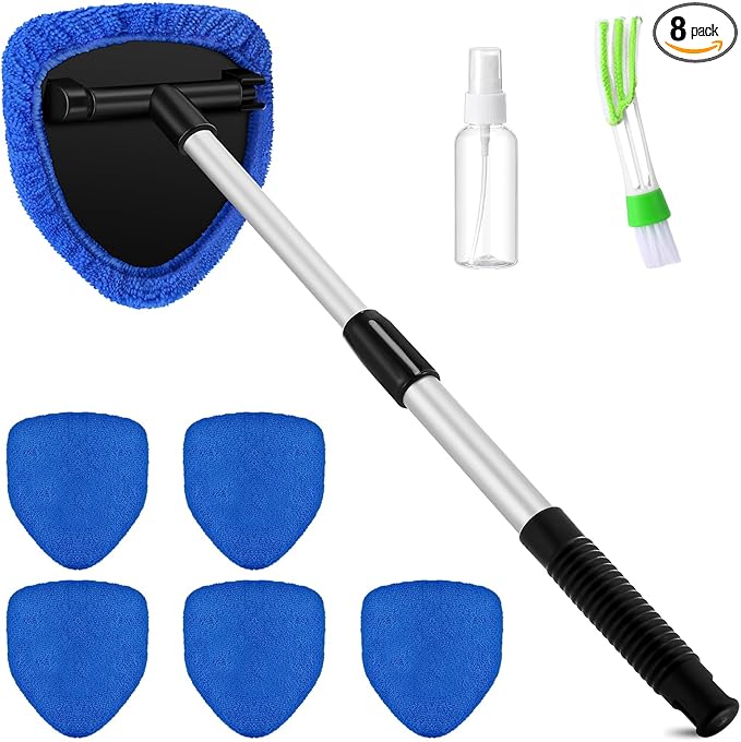 Potchen 8 Pcs Car Windshield Cleaner Tool Kit with Extendable Handle, Microfiber Towel Pads, Brush, Empty Spray Bottle for Auto Glass Wiper Suvs Rvs & Home Windows(Blue)