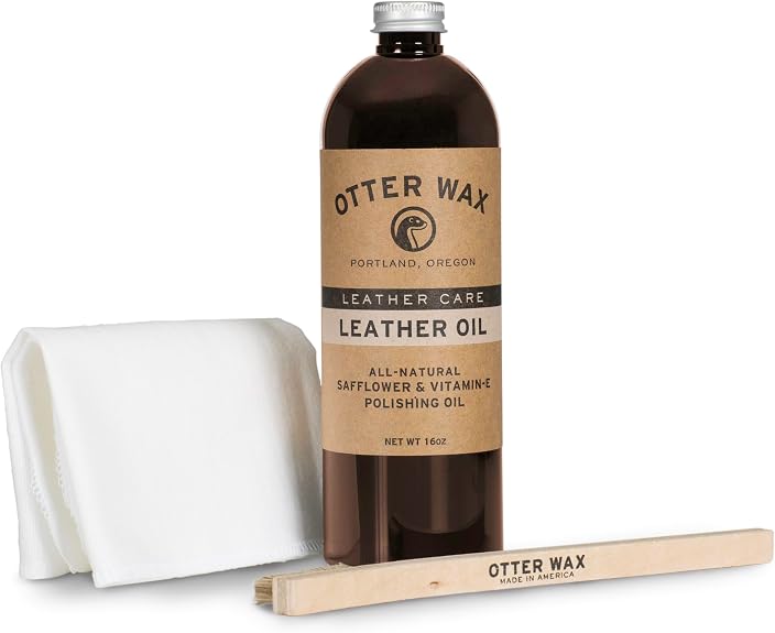 POLY & BARK 3-Piece Leather Care Kit – Otter Wax Leather Oil (16oz), Flannel Buffing Cloth & Horsehair Brush – All-Natur