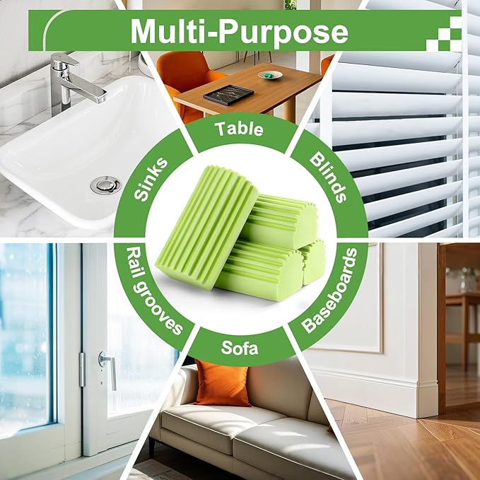 Jeymei 4-Pack Damp Clean Duster Sponge, Sponge Cleaning Brush, Duster for Cleaning Blinds, Glass, Baseboards, Vents, Railings, Mirrors, Window Track Grooves and Faucets Green Non-Scratch Sponges