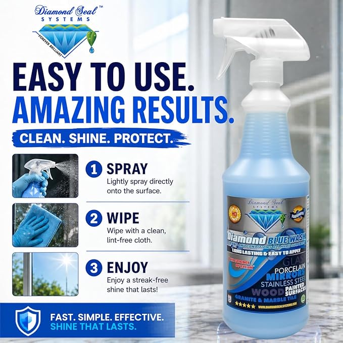 Made in the USA. Diamond Blue Repellent Wash Multi Surface. Cleans,Shine Best Cleaner for Glass, Granite, Countertops Wood & Stainless Steel. Direct from the Manufacturer 32oz Easy to use spray bottle