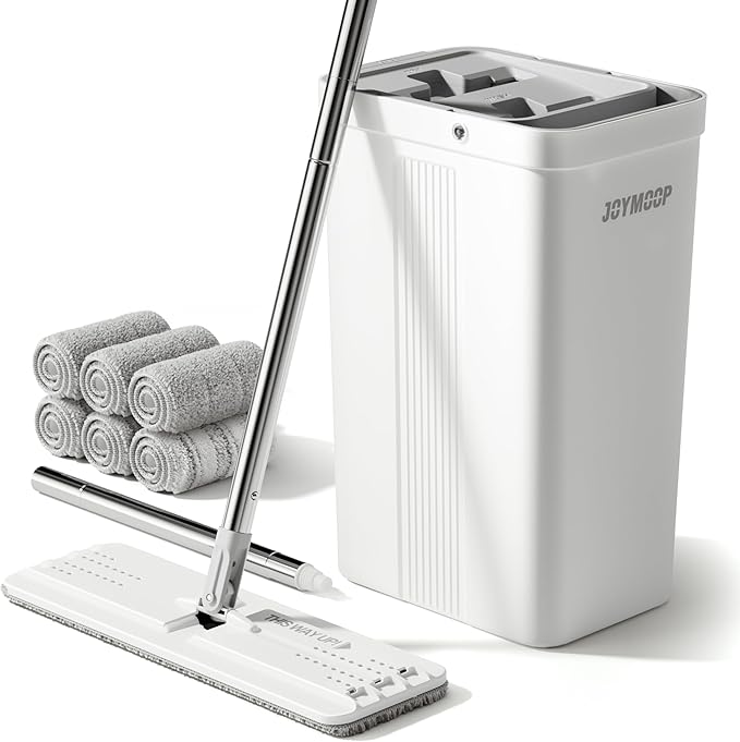 JOYMOOP Mop and Bucket Set, Commercial & Household Use, Flat Mops for Floor Cleaning, Wall Mop Cleaner with Long Handle, Hardwood Floor Mop with 6 Microfiber Pads