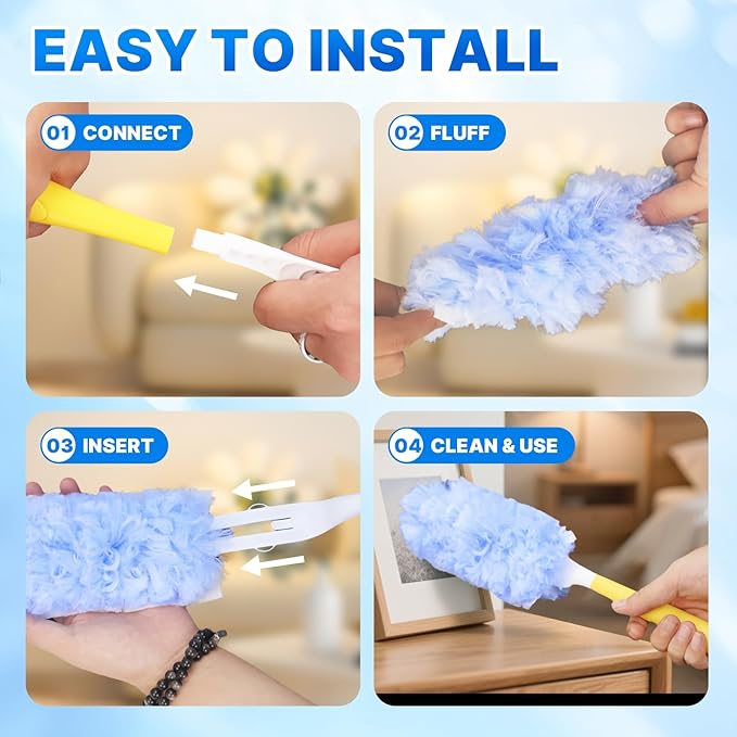 Duster Refill for Swiffer Duster, 50 Count Disposable Dusters Kit for Cleaning Dusting Furniture Blind Ceiling Fan, Multi Surface 360 Feather Duster + 3FT Extended Handle + Short Handle
