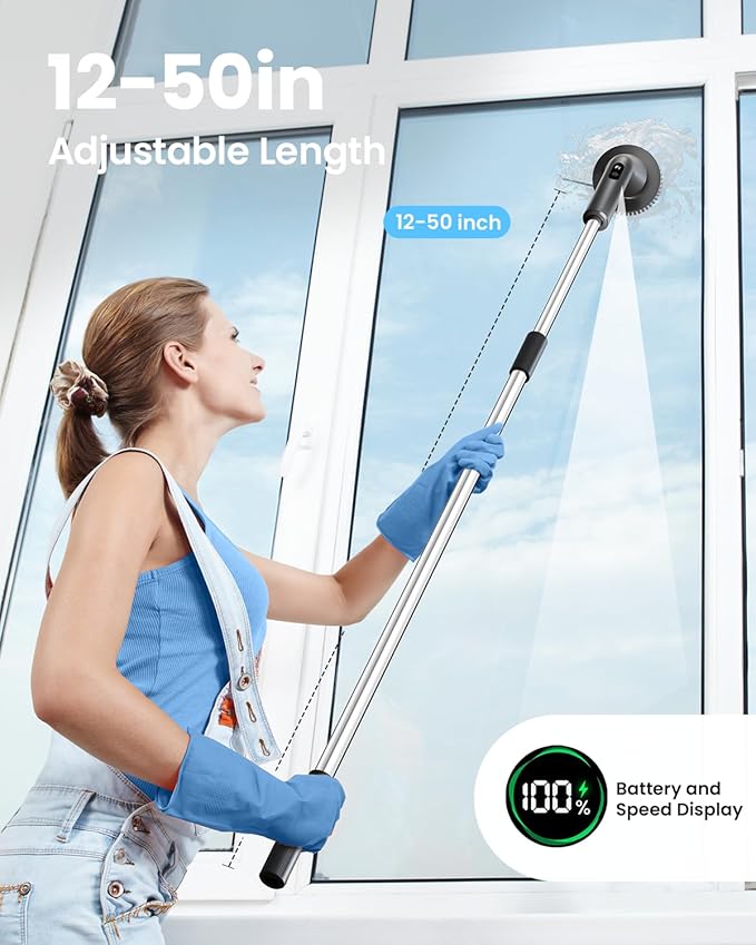 Electric Spin Scrubber, Upgraded IPX7 Cordless Cleaning Brush for Bathroom Shower, Household Cleaning Scrubber with 7 Brush Heads, Adjustable Long Handle and 2 Rotating Speeds for Tub Floor