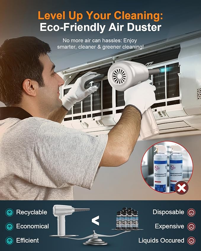 11-in-1 Compressed Air Duster, 3-Gear Adjustable 120000 RPM Electric Air Duster with LED Light, 9000mAh Reusable no Canned Keyboard Cleaner for Office