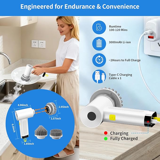 3000mAh Cordless Electric Spin Scrubber, 20W High-Torque IPX7 Waterproof Cleaning Brush with 6 Replaceable Heads, Dual Speed 150-180 Mins Runtime for Kitchen Bathroom Car
