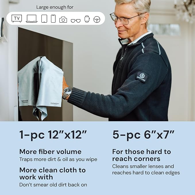 Elite Tech Gear Large Microfiber Cleaning Cloth (6-Pack) - 1-pc 12" x 12" and 5-pc 6"x7" - Glasses Cleaning Cloth for TV Screens, Camera Lenses and Tablets (Blue)