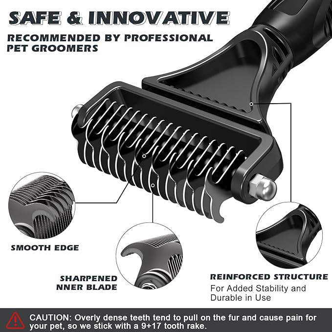 3PCS Pet Grooming Rake & Metal Comb & Flea Comb for Cats and Dogs, Double-Sided Dematting Tool, Extra-Wide Deshedding Dog Brush for Long Hair to Effectively Remove Tangles, Knots and Mats (Black)
