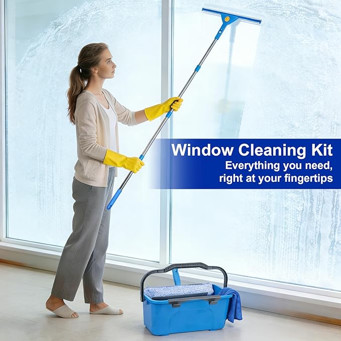Professional Window Cleaning Kit, Window Washing Kit with 3 Gallon Bucket, 14-Inch Squeegee & 15-Inch Scrubber, 61-Inch Extendable Pole, Window Cleaning Equipment for Home & Commercial (61 inch)