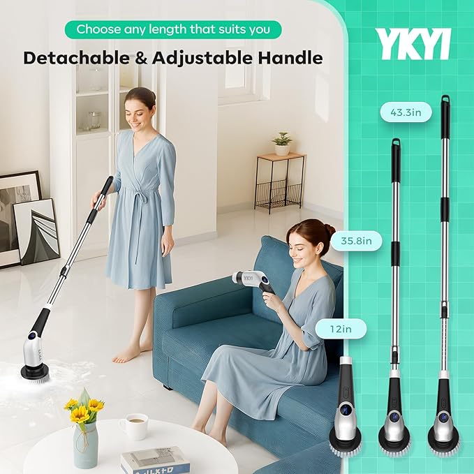YKYI Cordless Electric Spin Scrubber, Power Cleaning Brush with 8 Replaceable Heads & Extension Handle for Bathroom, Tub, Tile, Floor, Car
