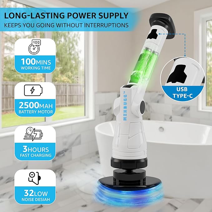 Electric Spin Scrubber, 3-Speed Power Scrubber for Cleaning Bathroom, 6-Angle Adjustable Head Cordless Scrubber with 8 Brush Heads & Long Handle, LCD Display Shower Scrubber for Grout Tile Floor Tub