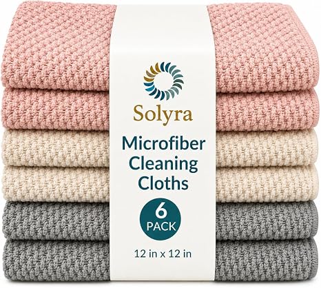 Solyra Non-Toxic Microfiber Kitchen Cleaning Cloths, 6 Pack, 12 x 12 in
