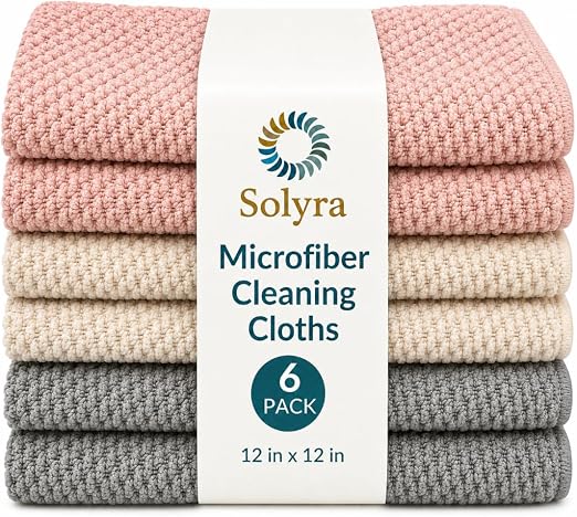 Solyra Non-Toxic Microfiber Kitchen Cleaning Cloths, 6 Pack, 12 x 12 in