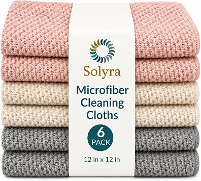 Solyra Non-Toxic Microfiber Kitchen Cleaning Cloths, 6 Pack, 12 x 12 in