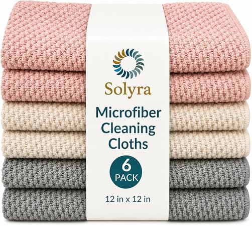 Solyra Non-Toxic Microfiber Kitchen Cleaning Cloths, 6 Pack, 12 x 12 in