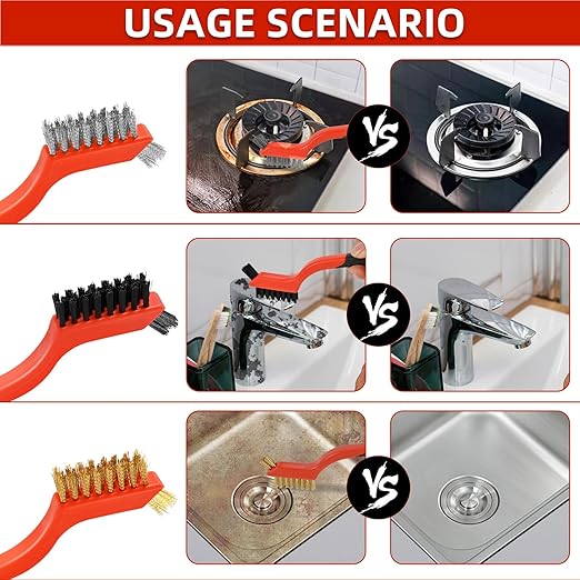 6pcs Wire Brushes for Cleaning Rust, Upgrade Wire Brush Set - Brass/Stainless Steel/Nylon Bristles, Small Metal Wire Brush with Curved Handle Grip, Wire Brushes for Paint and Stain, 7 Inches